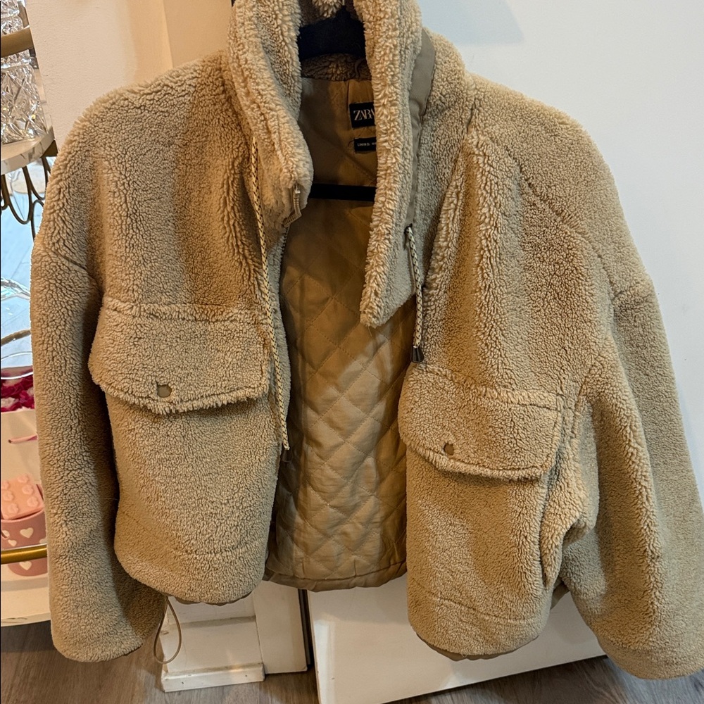 ZARA Teddy Sherpa Jacket in Camel Beige